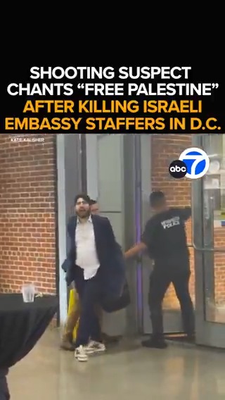 The man suspected of opening fire near the Capital Jewish Museum in D.C., killing two Israeli embassy staffers, is heard chanting "free Palestine" as police take him into custody. Breaking details on the victims and the shooter - Tonight at 11 from ABC7.
