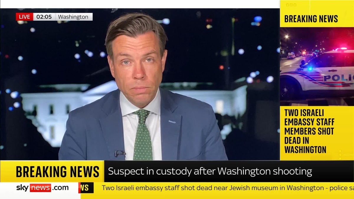 Two Israeli embassy staff have been shot dead in Washington DC in what Israel calls "a depraved act of antisemitic terrorism." Trump condemns the "horrible killings" as security tightens at embassies worldwide. Mark Stone is in Washington.