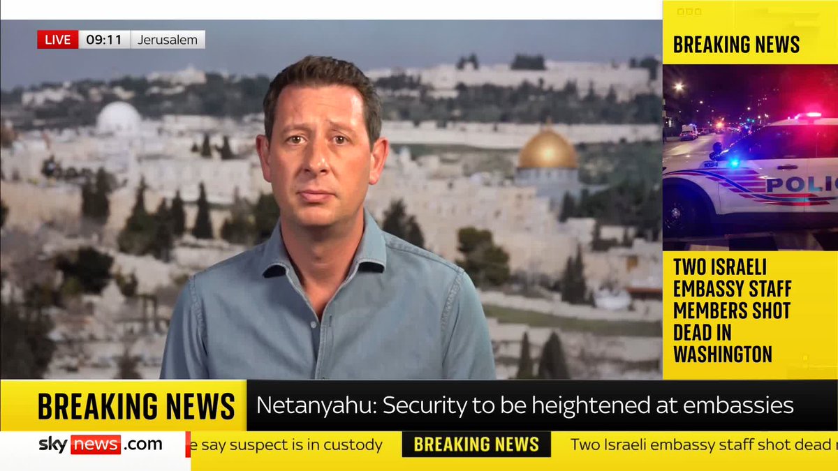 "Officials I've spoken to are really shocked by what's happened overnight." Alistair Bunkall reports from Jerusalem as as Prime Minister Benjamin Netanyahu condemns the Washington DC shooting as a "horrific antisemitic murder." 📺 Sky 501
