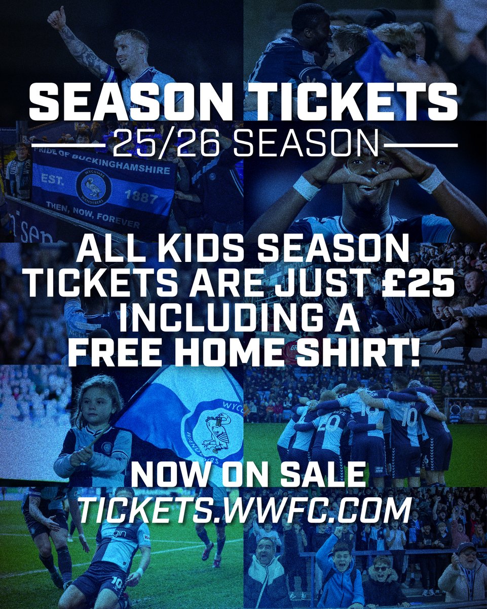 👕 Wycombe Wanderers launch 2025/26 season ticket campaign with FREE home shirt for children 🧒 Season tickets for all children aged 14 and under are just £25 anywhere in the stadium 🔒 Prices frozen for all other age groups Season tickets for 2025/26 are now on sale!