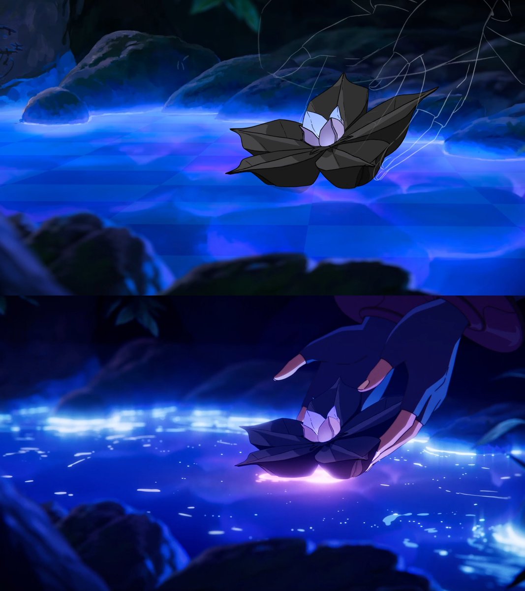 This shot was a real mix of techniques. A 2D hand releases a 3D flower into a hand-painted stream.