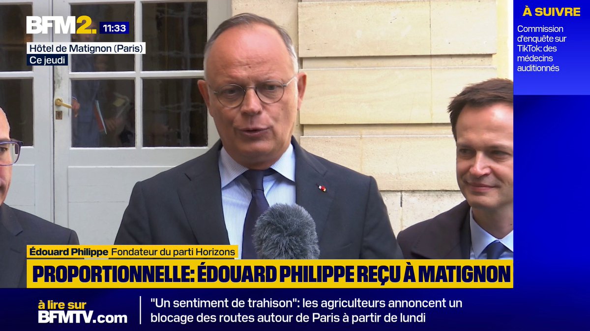 Reçu par le Premier ministre, Édouard Philippe a expliqué être "défavorable" à la proportionnelle qui conduirait à une "absence de majorité" et un "régime de l'inaction" #BFM2