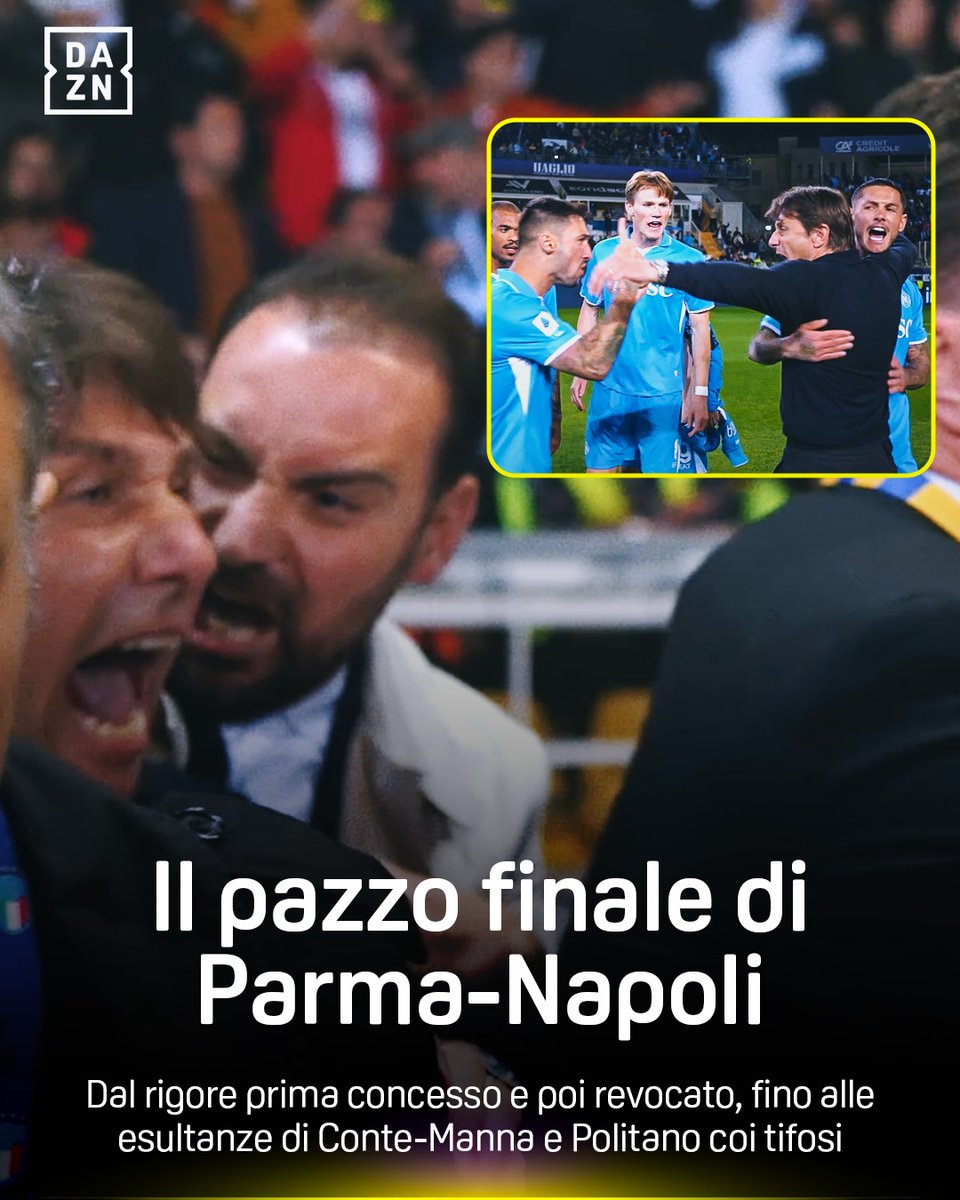 A Parma succede di tutto nel recupero 🔥😳 L'abbraccio Manna-Conte🫂, Lukaku che prega🙏, Oriali che indica il 2-2 a San Siro✌️ Ma soprattutto... POLITANO-CONTE scatenati al fischio finale 🤯 🎤 Davide Bernardi BordoCam #InterLazio &amp; #ParmaNapoli è disponibile ora su #DAZN! 📲