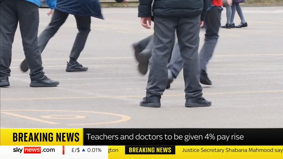 BREAKING: Teachers and doctors in England will be given a 4% pay rise, and other NHS workers a 3.6% rise, ministers have announced following the latest review of public sector pay. 📺 Sky 501, Virgin 602, Freeview 233 and YouTube