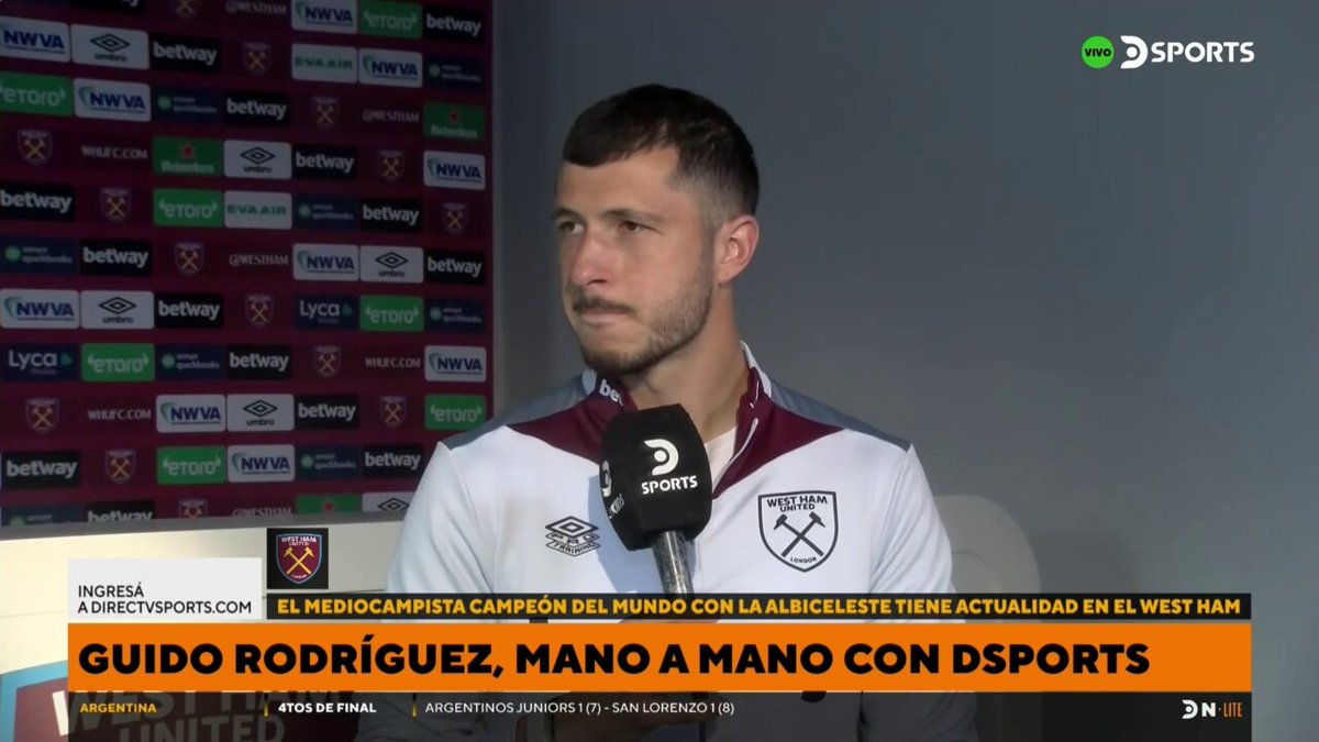 "CUMPLÍ EL SUEÑO DEL GUIDO QUE MIRABA LA PREMIER EN LA TELE" ▶ Guido Rodríguez, sobre su llegada al West Ham y la emoción de entrar a estadios emblemáticos de la Premier League. 🎙 Christian Martin en #DSPORTSNoticiasLite.