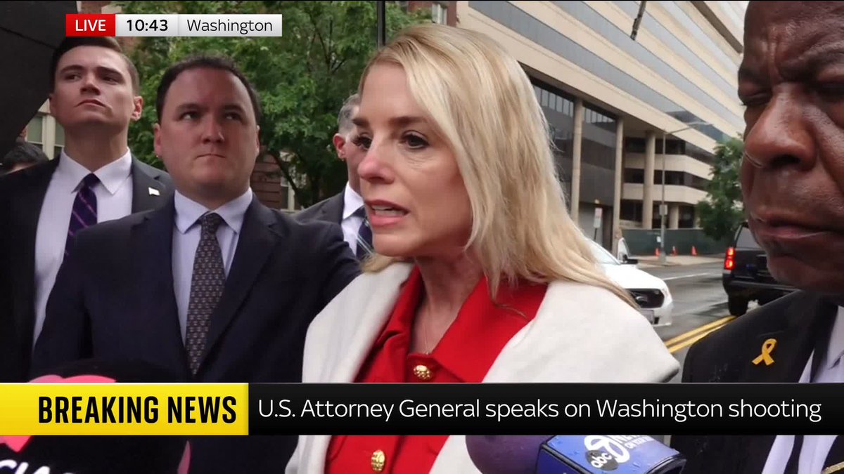 "The hate has got to stop and it has to stop now." US attorney general Pam Bondi speaks at the scene where two Israeli embassy workers were shot dead in Washington DC by a suspect who shouted 'free Palestine'. 📺 Sky 501 and YouTube