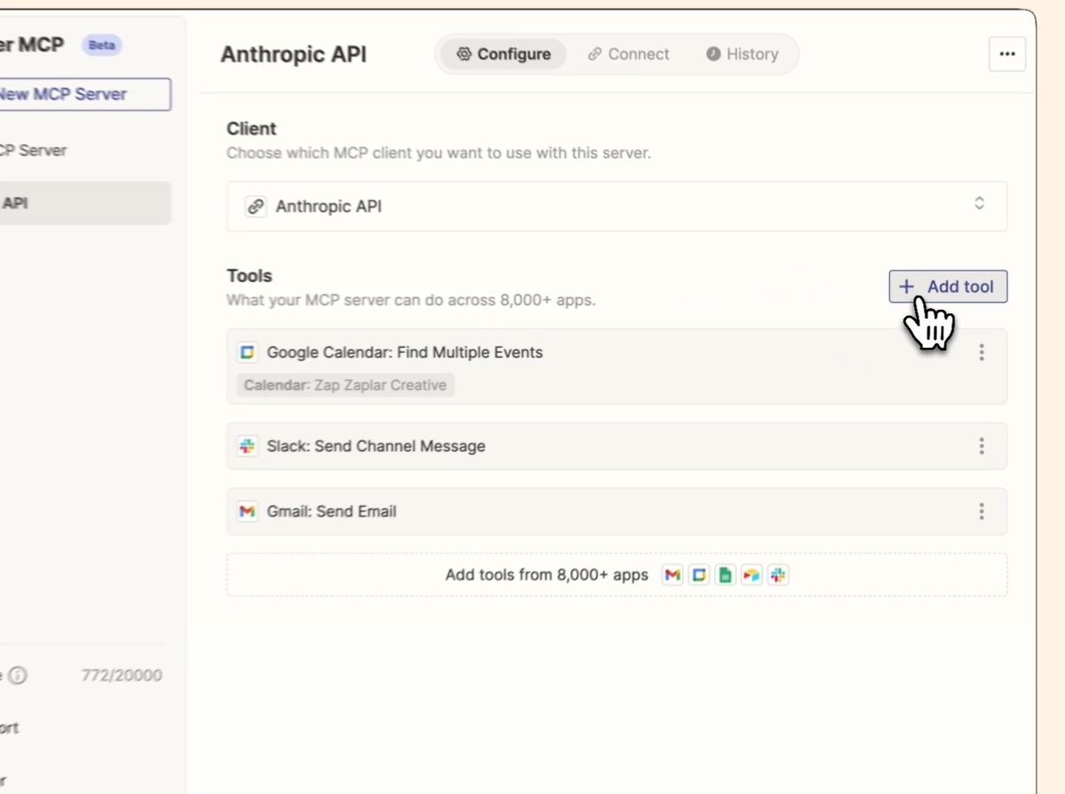 Big MCP news today from Anthropic. Claude x Zapier just got a serious upgrade 👇 Claude 3.7 Sonnet can now take real-world actions (like sending a Slack message, updating a CRM record, or editing a Google Sheet) across nearly 8,000+ Zapier-connected apps. This is a BIG leap forward for AI builders. With just a few lines of code, you can: - Spin up a Zapier MCP server - Add tools (Zapier actions) Claude can call - Let Claude run them directly through Anthropic's Messages API Whether you’re prototyping a new AI agent or scaling workflows in production, this integration gives you power + speed. Want to give it a try? 👀 👀