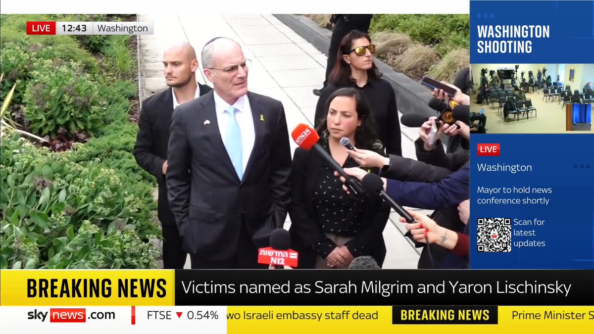 "Their murder will not be in vain." The Israeli Ambassador to the US, Yechiel Leiter, gives a statement after a couple who worked at the Israeli embassy in Washington DC have been shot dead. Israel-Gaza latest: 📺 Sky 501 and YouTube
