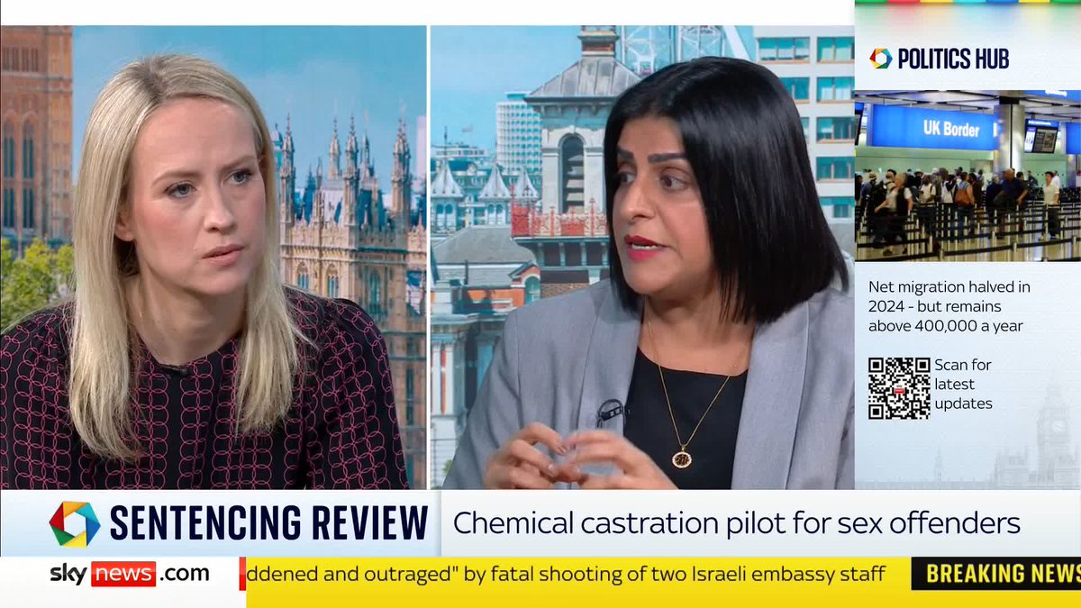 "I'm not squeamish about doing this here." Justice Secretary Shabana Mahmood MP discusses proposals to chemically castrate sex offenders. #PoliticsHub 📺 Sky 501 and YouTube