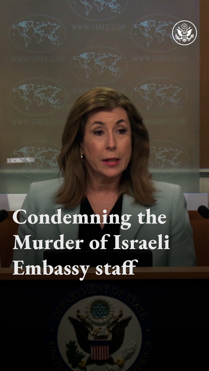 We condemn the heinous murder of two staff members from the Israeli Embassy in Washington D.C. last night. The October 7th massacre was a reminder to the world that Jew-hatred and murder is the hallmark of terrorists and monsters around the world. – @StateDeptSpox