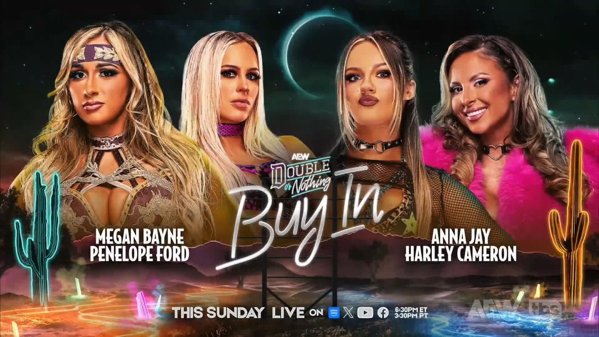 THIS SUNDAY on the #AEWDoN Buy-In, MEGAN BAYNE ⚡️ メーガン・ベイン and Penelope Ford will go head-to-head against Anna Jay and @harleycameron_! Watch #AEWCollision on TBS &amp; MAX