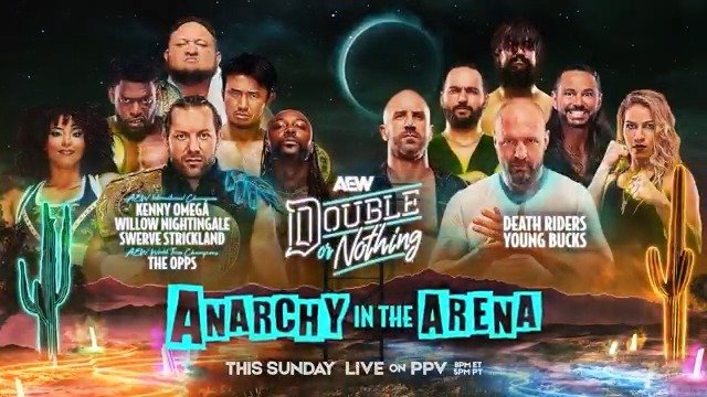 This Sunday, May 25 Desert Diamond Arena, AZ #AEWDoN ANARCHY IN THE ARENA Kenny Omega, @SwerveConfident, @WillowWrestles, Samoa Joe, “The MONSTAR” Will Hobbs + @K_Shibata battle Jon Moxley, Marina Shafir, @YoungBucks, Swiss + YUTA in AEW's most chaotic match!