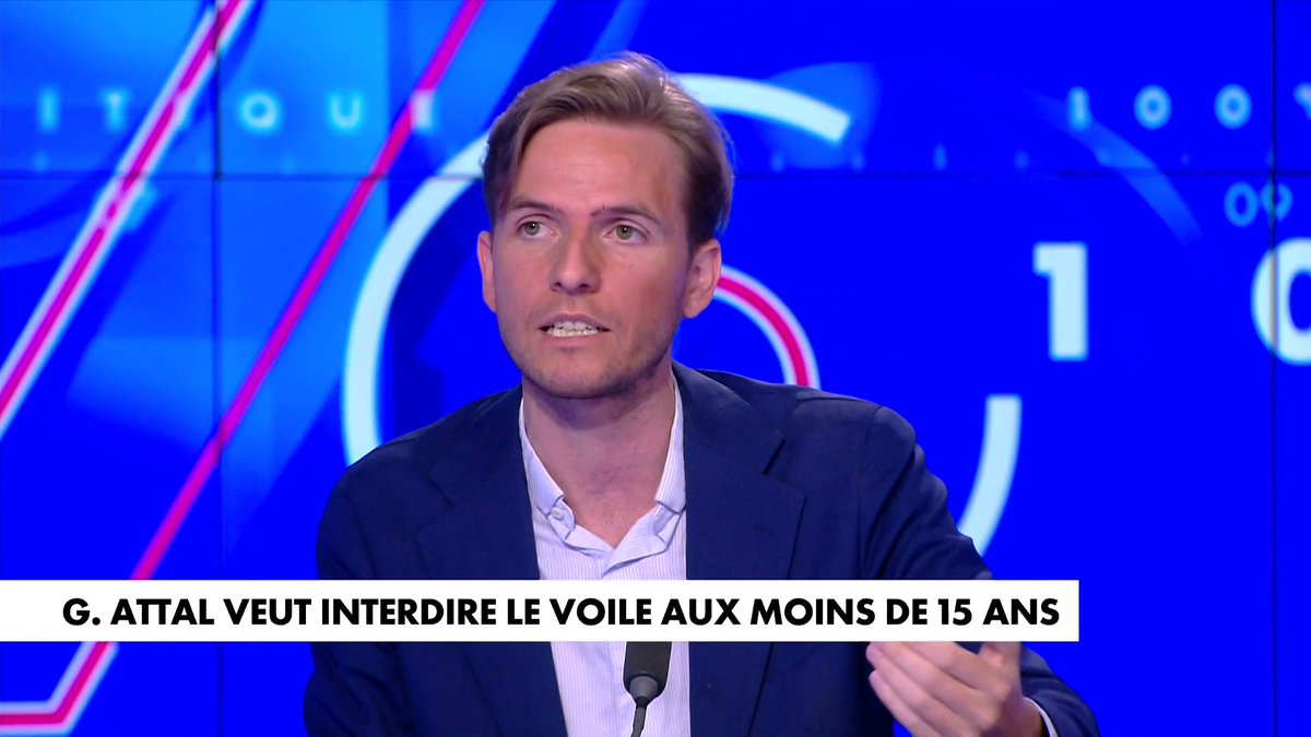 «Gabriel Attal sait que ce qui choque le plus l’opinion publique, c’est la petite fille voilée», analyse Erik Tegnér, journaliste, en réaction à l'interdiction du port du voile aux moins de 15 ans proposée par Gabriel Attal, dans 100% Politique.
