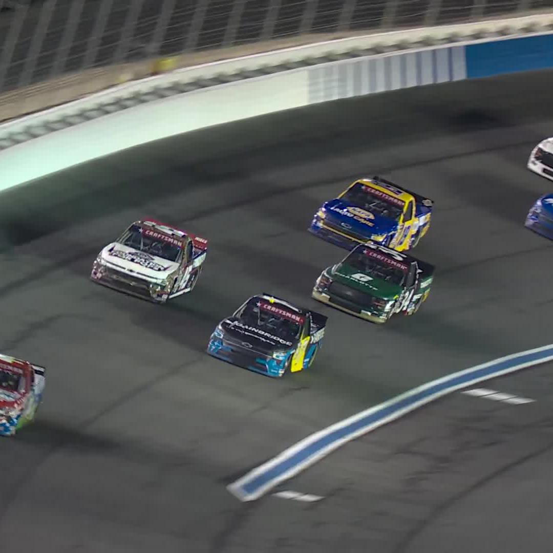 The caution is out after multiple trucks make contact.
