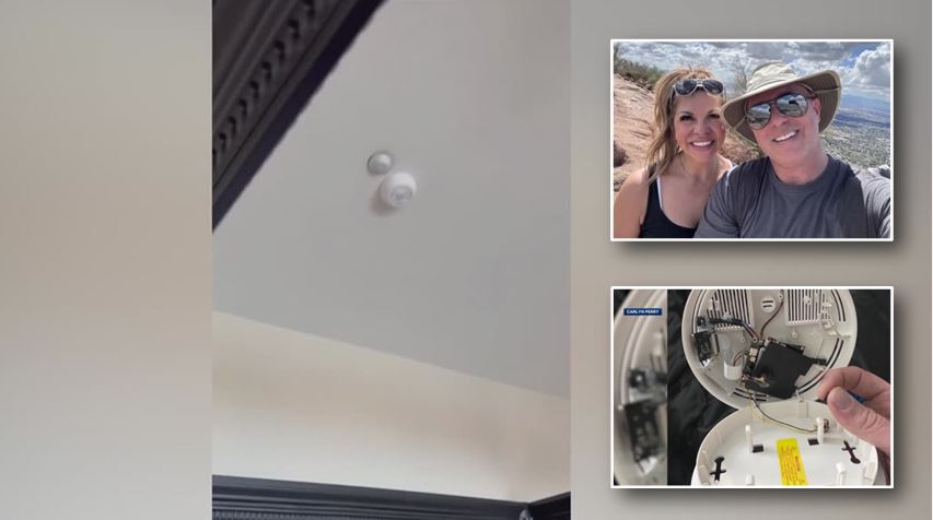 A man and his wife discovered a hidden "smoke detector" camera positioned over a bed at an Airbnb. "I looked at my wife, and I said, 'that's a damn video camera. Beware always check your surroundings closely!!😳
