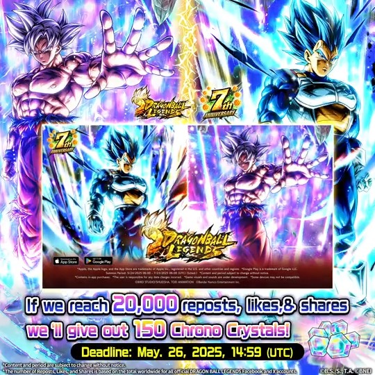 ◤Social Media Campaign◢ We're celebrating the release of new characters with a social media campaign! Everyone gets 150 CCs if this post reaches 20K likes, shares, and reposts worldwide! Period: until 5/26 14:59 (UTC) (Sched.) #Legends7thAnniversary #DBLegends #DragonBall