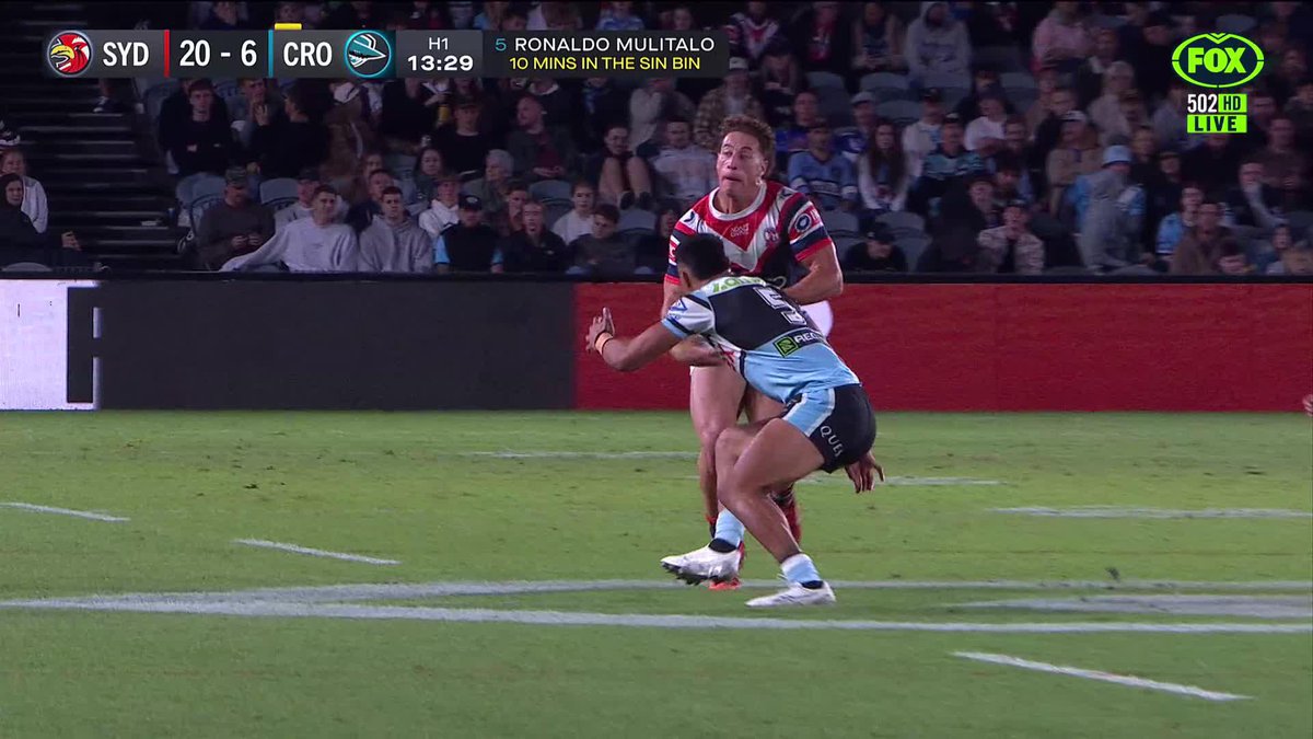 Mulitalo is sent to the bin for this on Mark Nawaqanitawase in the lead up to the try! 📺 Watch #NRLRoostersSharks on ch.502 or stream on Kayo: ✍️ BLOG 🔢 MATCH CENTRE