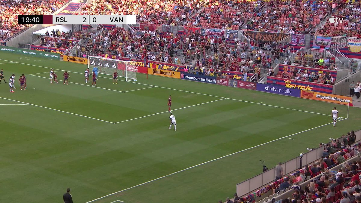 Set piece magic 💫 White gets us on the board! 📺 #VWFC | #RSLvVAN