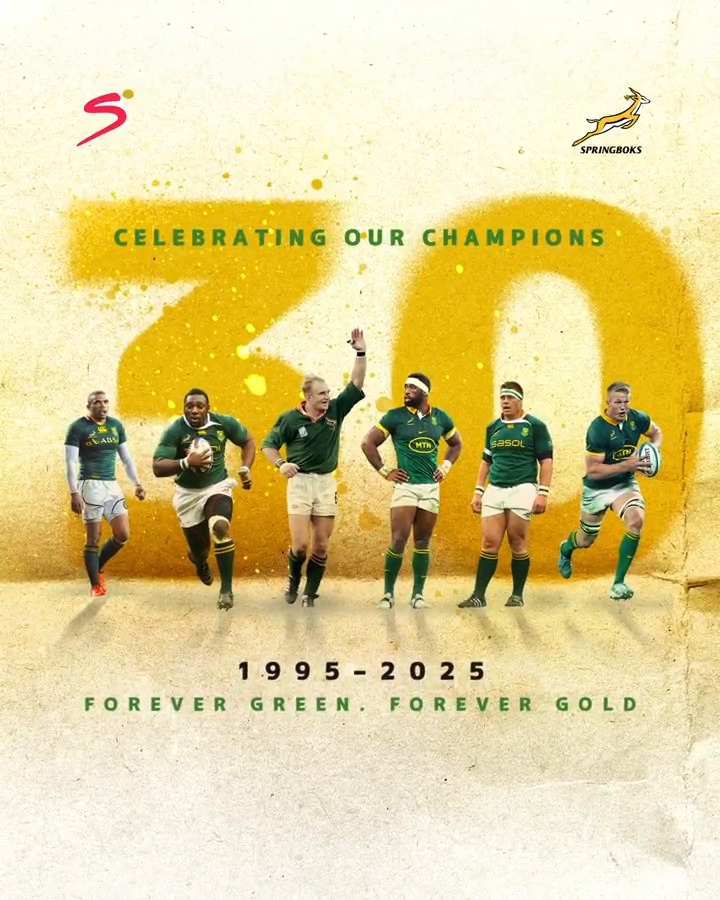 30 years ago today, the Springboks beat Australia on the opening day of the 1995 World Cup. The tournament defined a nation. This year, we will celebrate the four World Cup-winning teams and individuals who made dreams come true 🏆🇿🇦