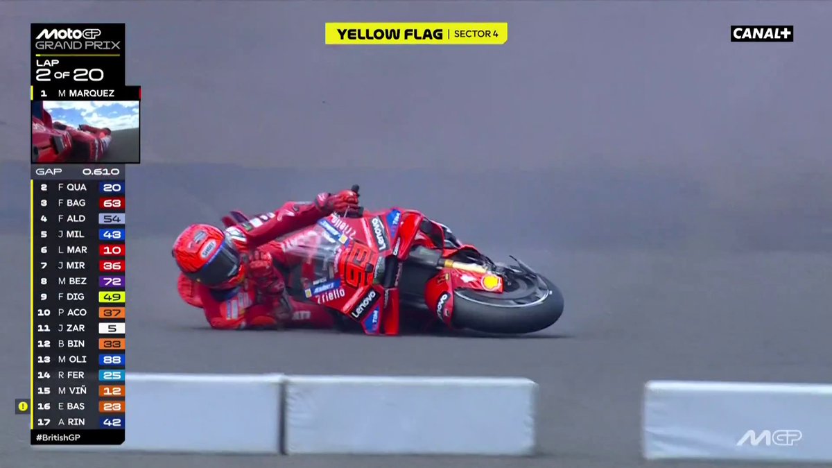 Chute de Marc Márquez en tête ! 🤯 🚩 Drapeau rouge sur le circuit, Marc Márquez pourra reprendre la course depuis la dernière place #BritishGP | #MotoGP