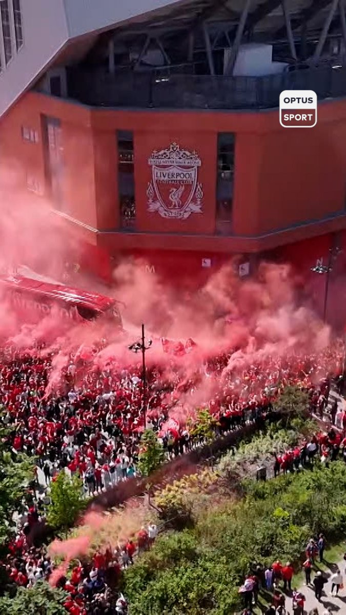 Absolute SCENES at Anfield on the final day of the Premier League 😳❤️ The red ribbons are on the trophy. Liverpool is ready.