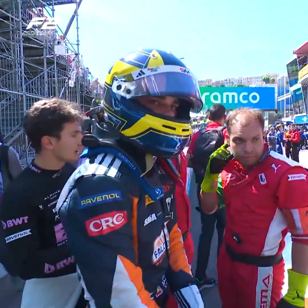The moment Sebastian Montoya was told he had scored his maiden #F2 podium 🥳 Arvid Lindblad's five-second post-race time penalty for speeding in the pit lane secured Seb P3 in the Monaco Feature 🥉 #MonacoGP