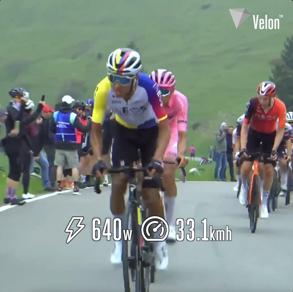 A blistering attack from Bernal 🔥 Egan lit up Stage 15 of the Giro d’Italia with this acceleration on Monte Grappa. ⏱️ Time: 1’56” 💨 Avg speed: 27.7km/h 🌪️ Max speed. 36.3km/h 💥 Avg power: 420w ⚡️Max power: 820w _______ 🇮🇹 #GirodItalia