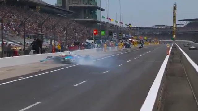 Rinus VeeKay goes around on pit road in the #Indy500 on FOX.
