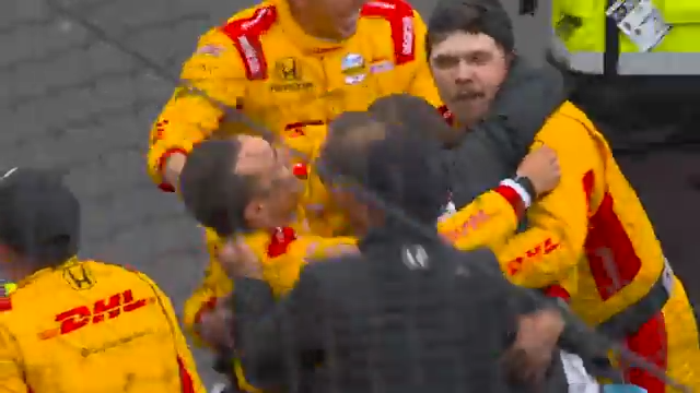 Alex Palou celebrates with his team after winning the #INDY500