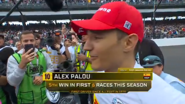 His first career win on an oval is at the #Indy500. Alex Palou Montalbo is with Jamie Little.