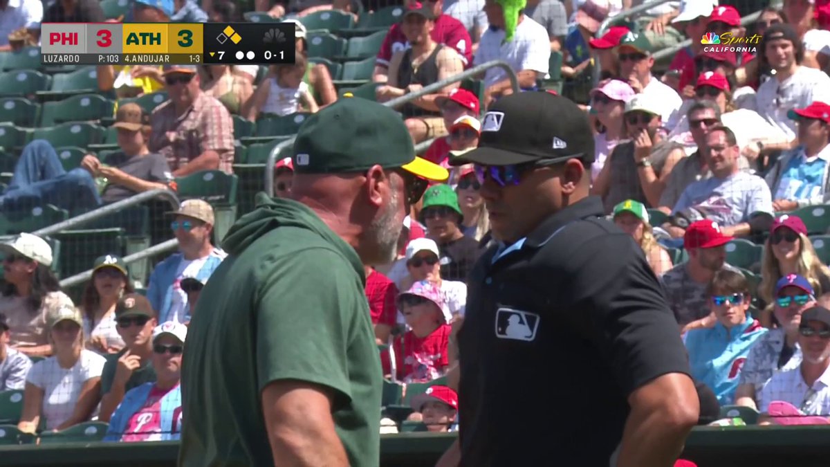 Mark Kotsay is ejected from the game and gives the home plate umpire an earful before heading back to the Athletics' clubhouse
