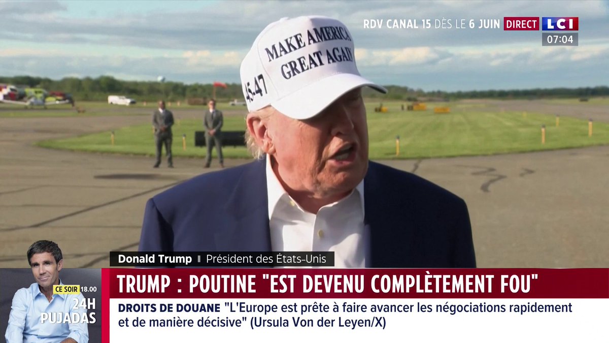 🔴 Ukraine : Trump affirme que Poutine est "devenu complètement fou" ▶️ Donald Trump a affirmé cette nuit que Vladimir Poutine était "devenu complètement fou", durcissant le ton contre Moscou après un week-end d'attaques russes meurtrières contre l'Ukraine.