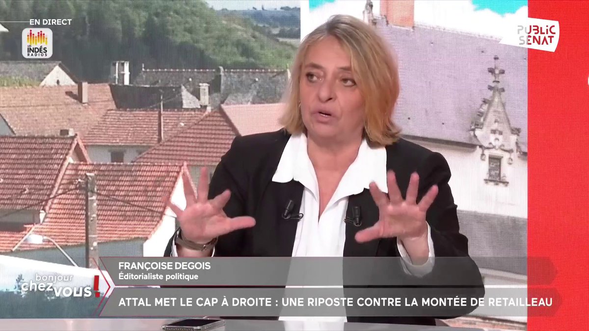 « Je suis atterrée par Gabriel Attal. Je pense qu’il a perdu la boussole : c’est le même, qui en juillet voulait faire front aux LR, et qui est quasiment en train de doubler Le Pen sur l’extrême droite » assure Françoise Degois, éditorialiste politique. #BonjourChezVous