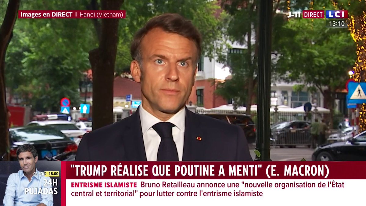 🗣️ "Le président Trump réalise que lorsque le président Poutine au téléphone lui a dit qu'il était prêt à la paix ou lorsque le président Poutine a dit à ses émissaires qu'il était prêt à la paix, il leur a menti" fustige Emmanuel Macron