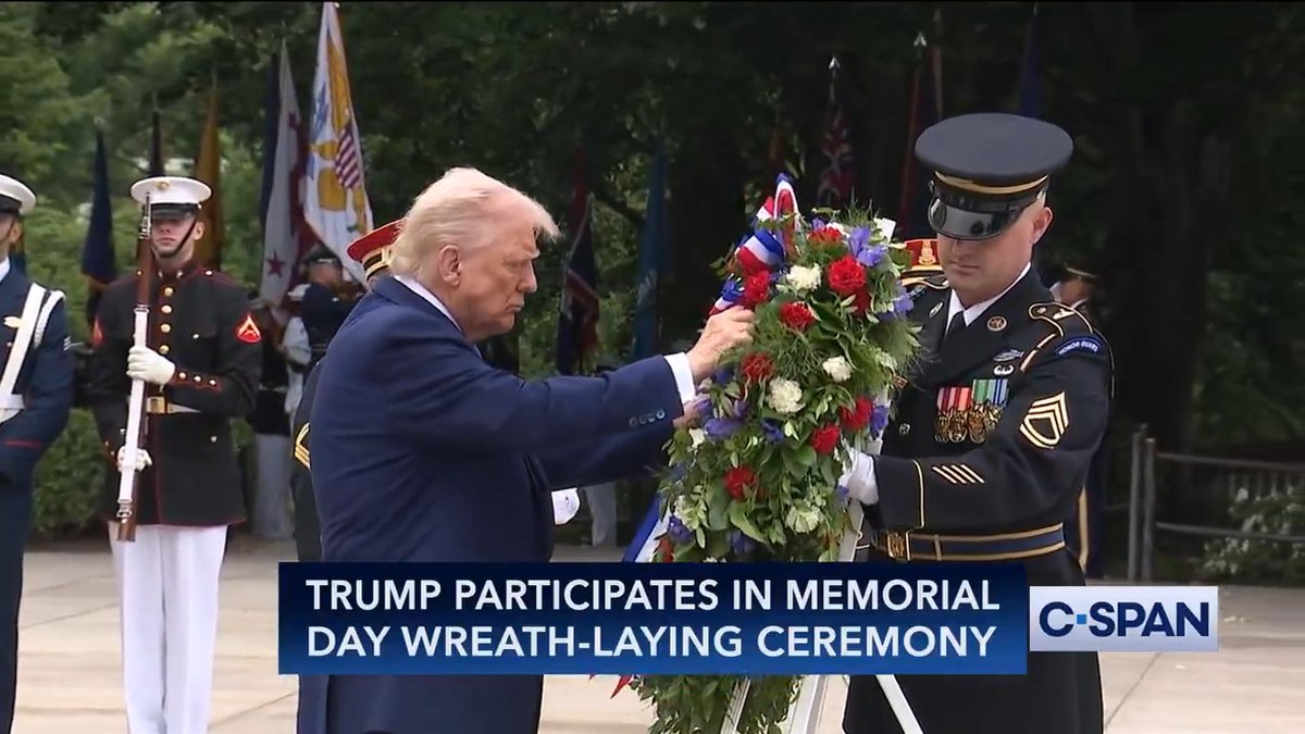 President Trump, VP Vance and Defense Secretary Hegseth participate in a wreath-laying at the Tomb of the Unknown Soldier at Arlington National Cemetery (Arlington National Cemetery) on #MemorialDay. Full video here: