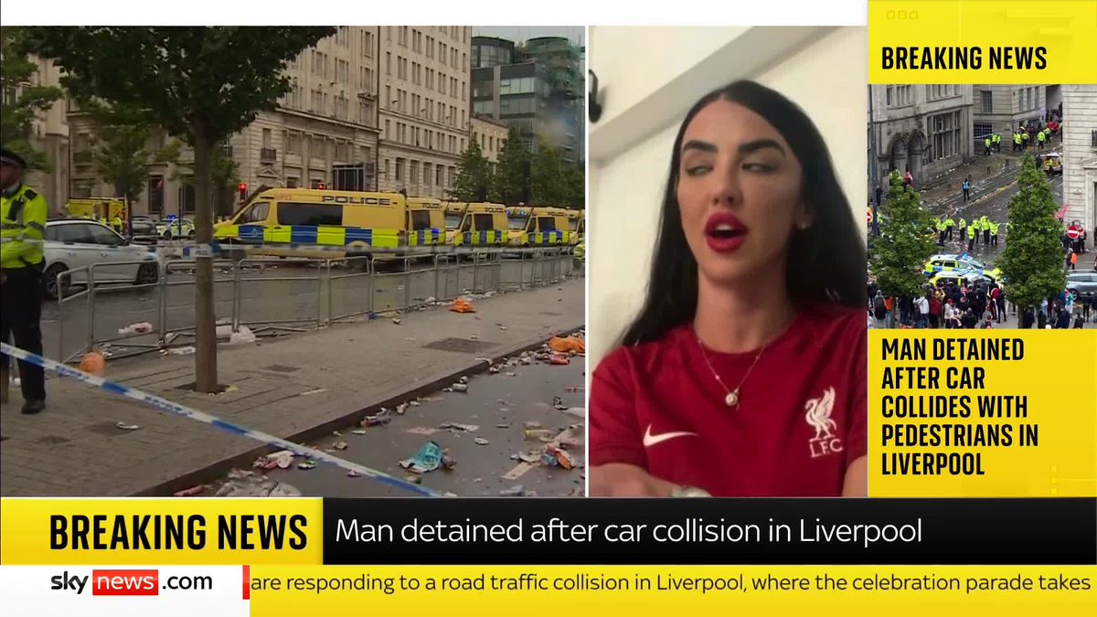 A man has been detained after a car collided with several pedestrians in Liverpool city centre during Liverpool FC's victory parade, Merseyside Police have said. Eyewitness Chelsea Yuen describes her report of what happened.