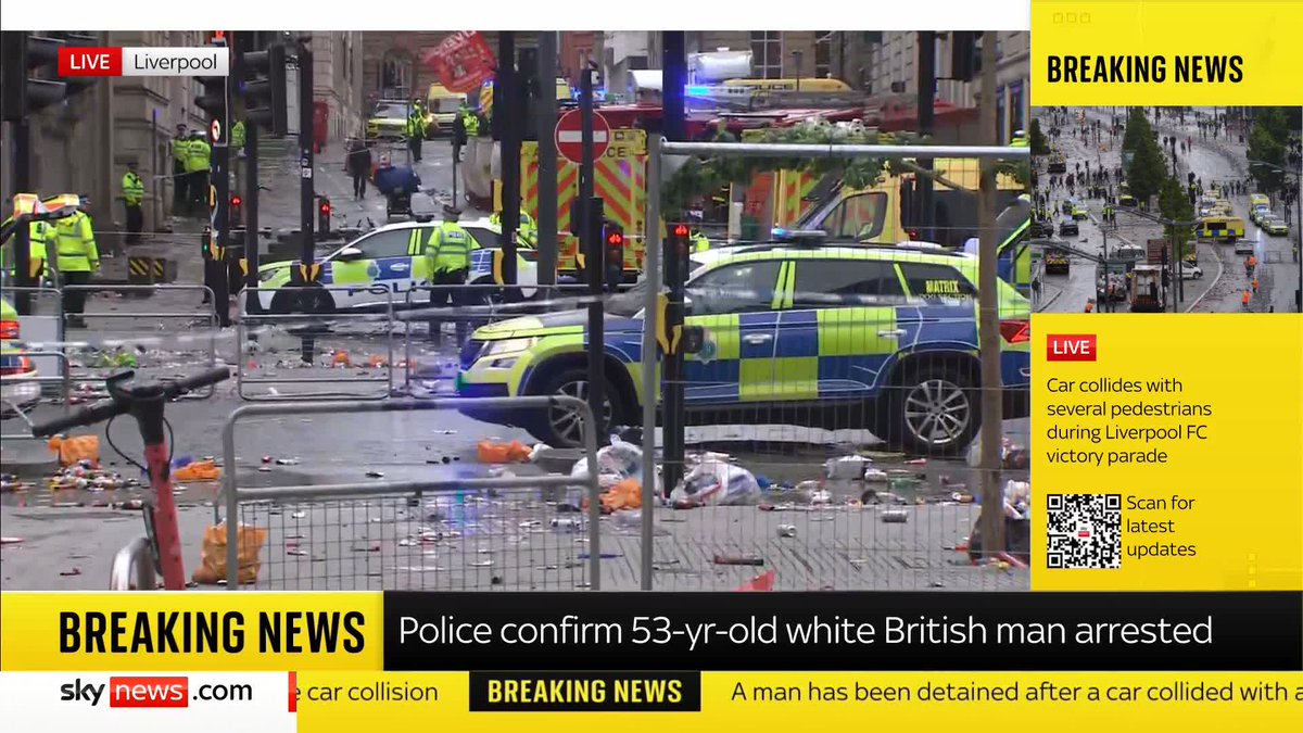 BREAKING: A 53-year-old white British man from the Liverpool area has been arrested after a car ploughed into a crowd of people during Liverpool FC's victory parade, Merseyside Police have said. 📺 Sky 501, Virgin 602, Freeview 233