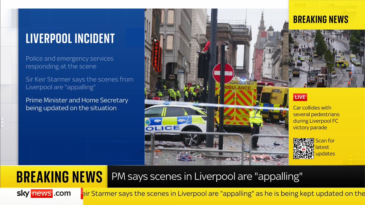 A man has been arrested after a car was driven into crowds celebrating Liverpool's Premier League victory at a parade in the city. Merseyside Police say "a number of pedestrians" were struck. Gillian Joseph explains what we know so far. 📺 Sky 501