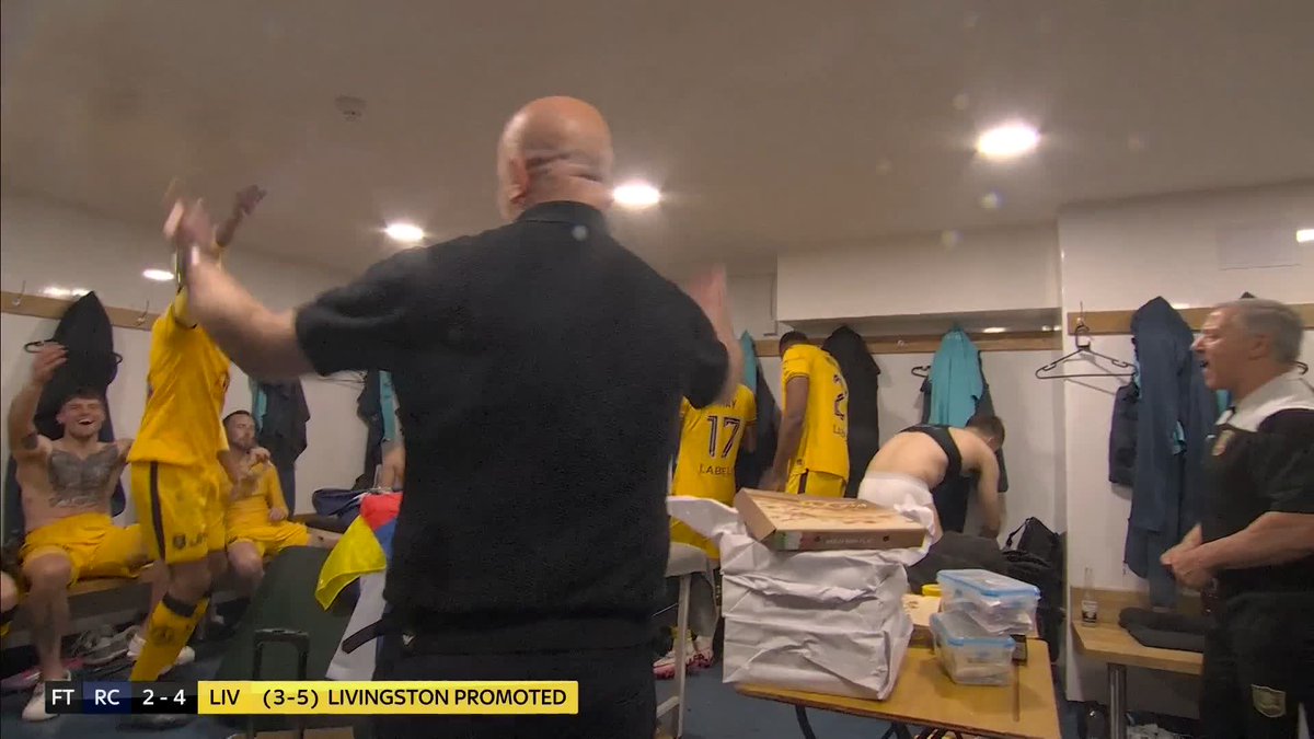 A glimpse at the celebrations in the Livingston changing room as they secured promotion back to the Scottish Premiership🕺 While Kris Boyd spots the pizza 🍕