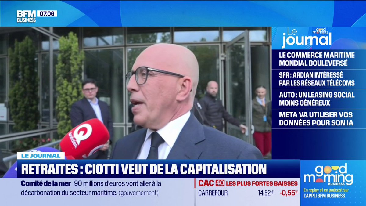 Retraites : Éric Ciotti veut de la capitalisation Le parti d'Éric Ciotti, l’UDR, présente ce soir un grand plan à l’Assemblée nationale. Objectif : basculer une partie du système de retraite par répartition, vers la capitalisation. 🎙️Hugo Babay
