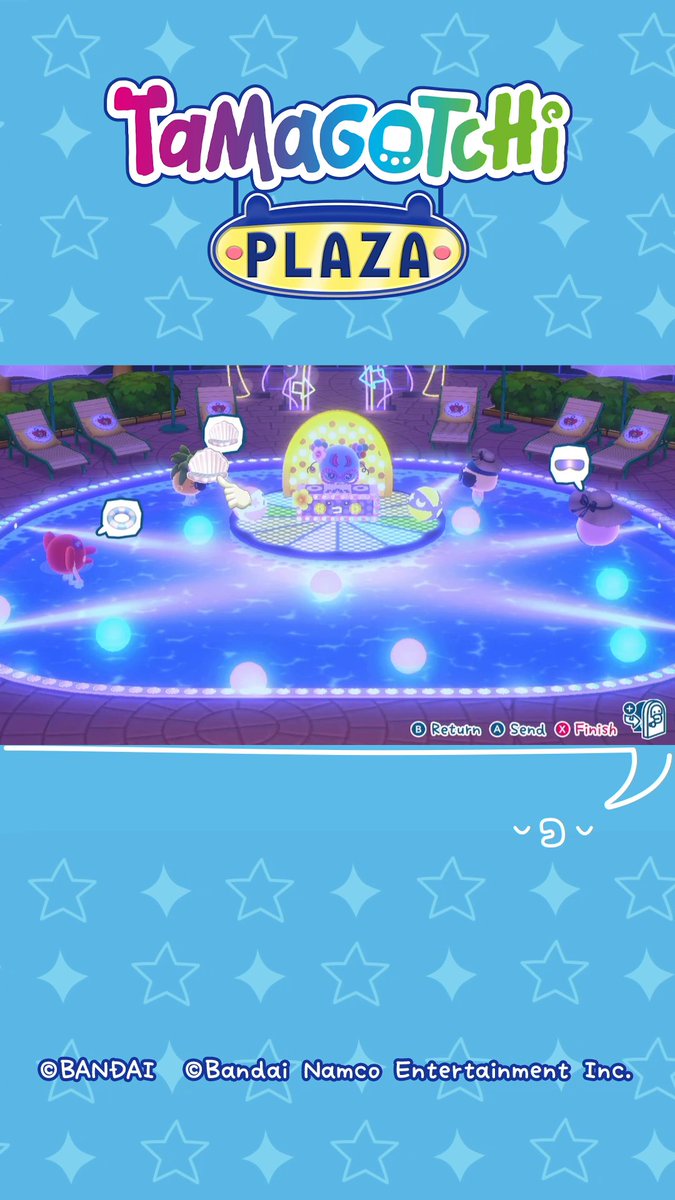 Relax! Unwind! Have a sparkly beverage!🍹 And also drop the beat as the ultimate pool DJ! 🌊 Keep cool with Bubbletchi at the Night Pool in Tamagotchi Plaza. 🫧