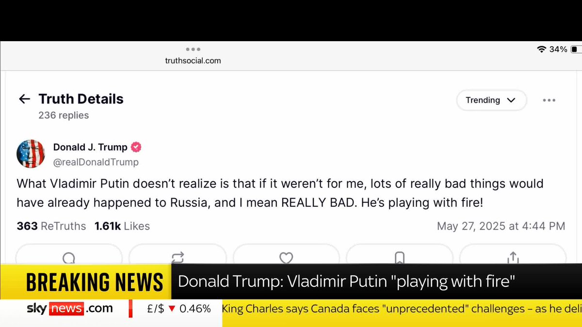 BREAKING: US President Donald Trump posted on Truth Social saying Vladimir Putin is "playing with fire." 📺 Sky 501, Virgin 602, Freeview 233 and YouTube