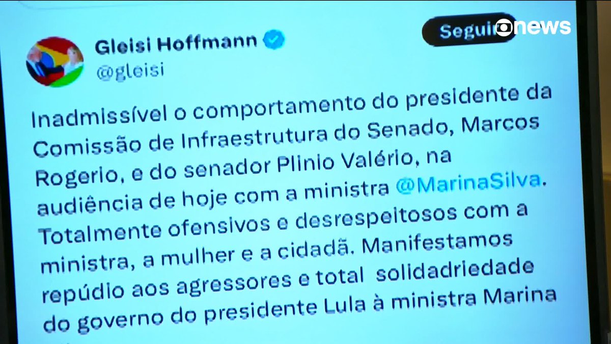 Ministras prestam solidariedade a Marina Silva após ataques no Senado, e Andréia Sadi ressalta o fato de que nenhum homem do governo se manifestou sobre o assunto até agora. ➡ Assista na #GloboNews: #Estúdioi