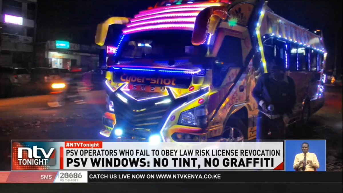 PSV Windows: No Tint, No Grafitti NTSA has ordered all public service vehicles with graffiti and tint on windows to remove them immediately Or risk vehicle impoundment, suspension and revocation of the operator’s licence. #NTVTonight James Smart