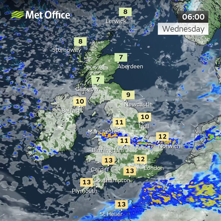 Showery rain across Wales, the Midlands and East Anglia edging southwards on Wednesday morning, breaking up into a few showers🌧️ Otherwise a mainly dry start with a mixture of cloud and sunny spells, but scattered showers breaking out🌦️ Feeling pleasant in any sunshine🌤️