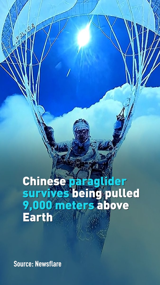 A paraglider in China survived a rare updraft incident, and was lifted to nearly 9,000 meters high. Video footage shows him covered in ice as he navigates the altitude. Experts say convective weather caused the accident. Survival at this altitude is extremely rare. Learn more. #insideChina