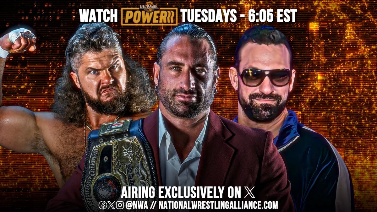 It's 6:05e! It's time for WRESTLING! Itโs time for #NWAPowerrr on X! The World Title is on the line as Thom Latimer defends against Aron Stevens in a Mint Julep Match! Plus, The Southern 6 and The Country Gentlemen go to war in a Blood N' Grits Street Fight!