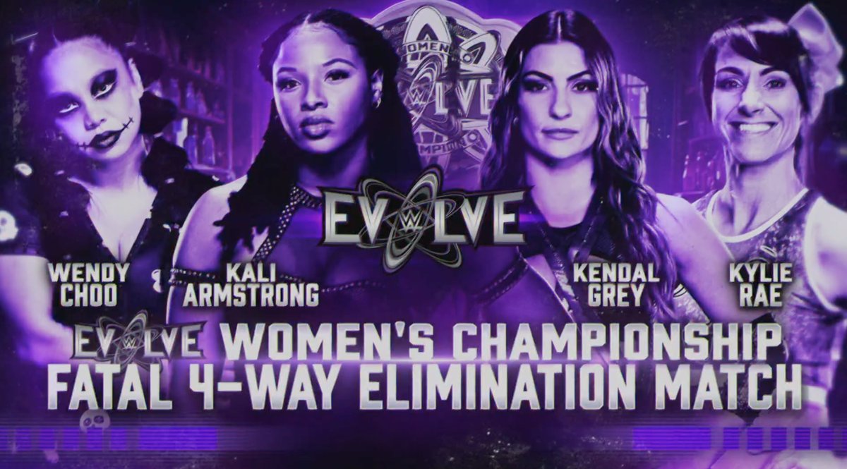 Who will make history? 👀 A Fatal 4-Way Elimination Match between Kali Armstrong, Kendal Grey, Wendy Choo and KYLIE RAE will determine the FIRST-EVER WWE Evolve Women's Champion TOMORROW on #WWEEvolve! 📺 8ET/5PT on Tubi