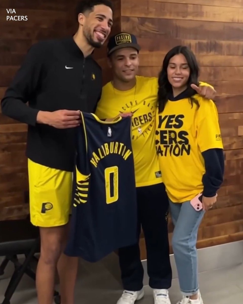 Tyrese Haliburton invited Pacers viral fan Hans Perez to the locker room after Indiana's win 😤 Perez was flown out by Hali to watch Game 4 at Gainbridge. (via Indiana Pacers)