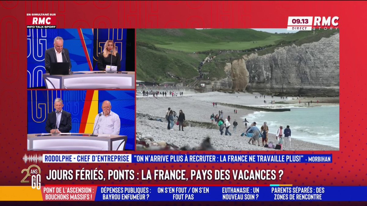 🏖️ Jours fériés, ponts : La France, pays des vacances ? 📞 Rodolphe, chef d'entreprise : "C'est le pays des fainéants surtout. Les jeunes sont biberonnés à tout et n'importe quoi, ils ne veulent rien foutre à part être aidés par l'État. Ils rêvent de bosser 35h et gagner 3000€." #GGRMC